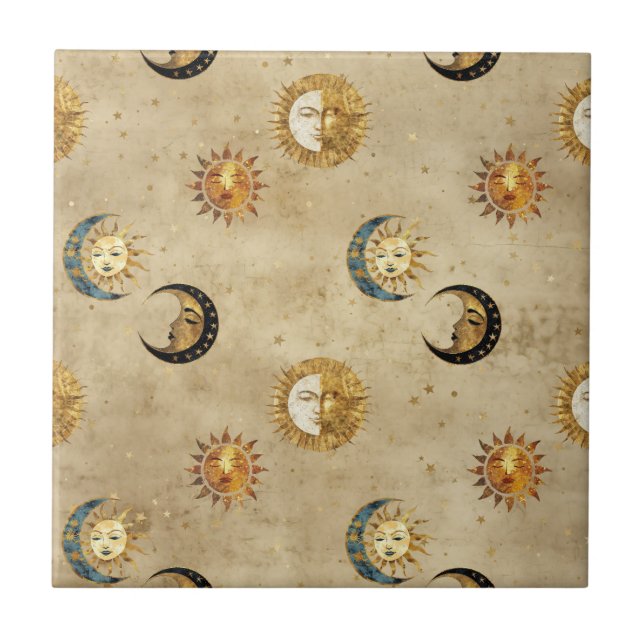 Celestial Sol & Måne Guld Stjärnklar Natt Mönster  Kakelplatta (Framsidan)