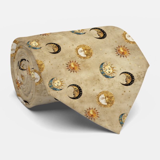 Celestial Sol & Måne Guld Stjärnklar Natt Mönster  Slips (Rullad)