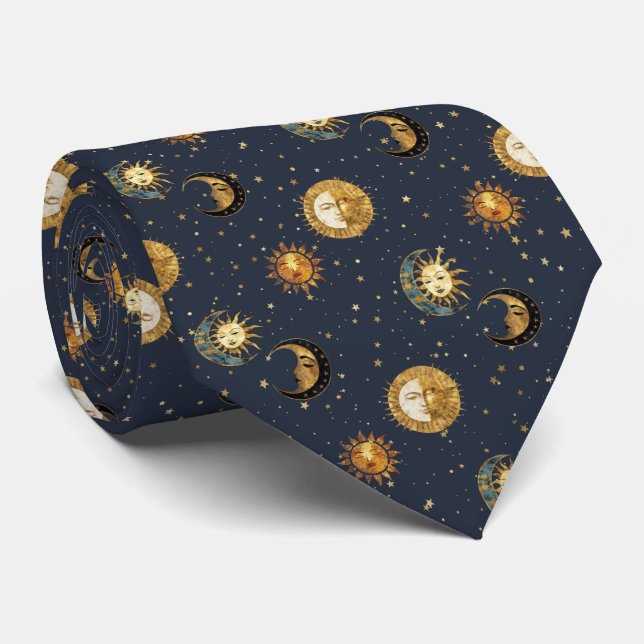 Celestial Sol & Måne Guld Stjärnklar Natt Mönster  Slips (Rullad)