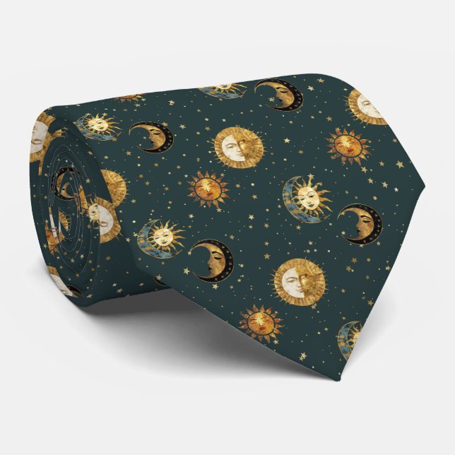 Celestial Sol & Måne Guld Stjärnklar Natt Mönster  Slips (Rullad)
