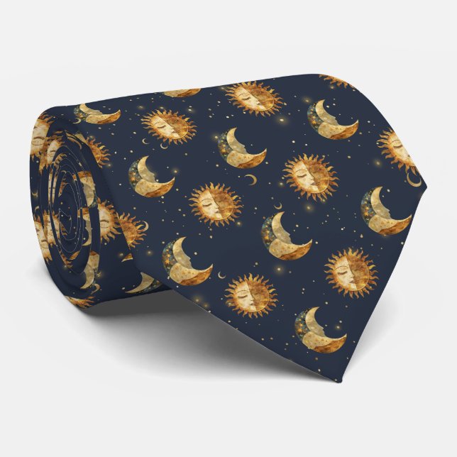 Celestial Sol & Måne Guld Stjärnklar Natt Mönster  Slips (Rullad)