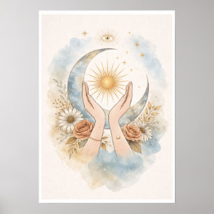 Celestial Sol Måne Händer Estetisk Väggkonst