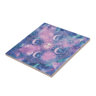 Celestial Sol & Måne Mandala Galax Nebula Kakelplatta