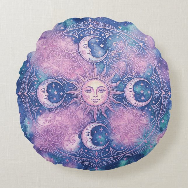 Celestial Sol & Måne Mandala Galax Nebula Rund Kudde (Framsidan)