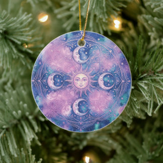 Celestial Sol & Måne Mandala Galax Nebulosa Julgransprydnad Keramik