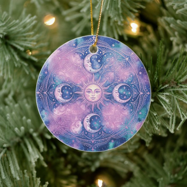 Celestial Sol & Måne Mandala Galax Nebulosa Julgransprydnad Keramik (Träd)