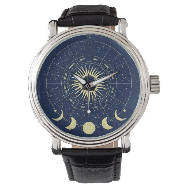 Celestial Sol Måne Phases Zodiac Armbandsur (Framsida)