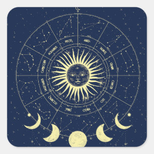 Celestial Sol Måne Phases Zodiac Fyrkantigt Klistermärke
