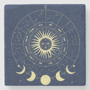 Celestial Sol Måne Phases Zodiac Stenunderlägg