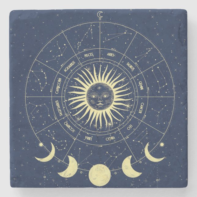 Celestial Sol Måne Phases Zodiac Stenunderlägg (Framsidan)