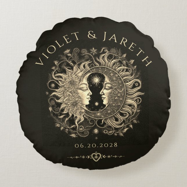 Celestial Sol Måne Stars Bröllop Rund Kudde (Framsidan)