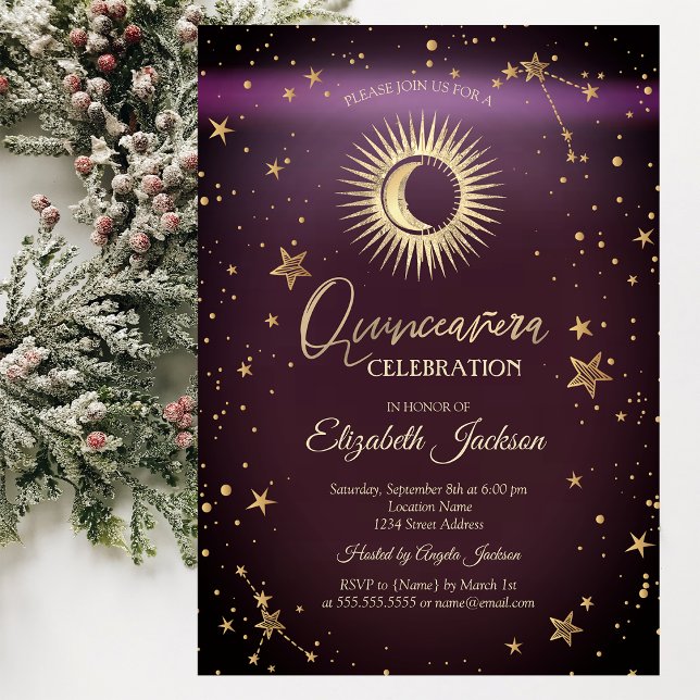 Celestial Sol,Måne,Stars Burgundy Quinceanera Inbjudningar (Skapare uppladdad)