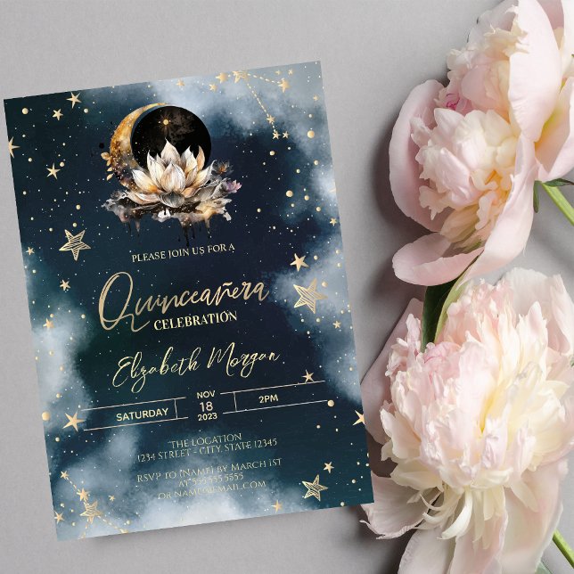 Celestial Sol,Måne,Stars Lotus Himlar Quinceanera Inbjudningar (Skapare uppladdad)