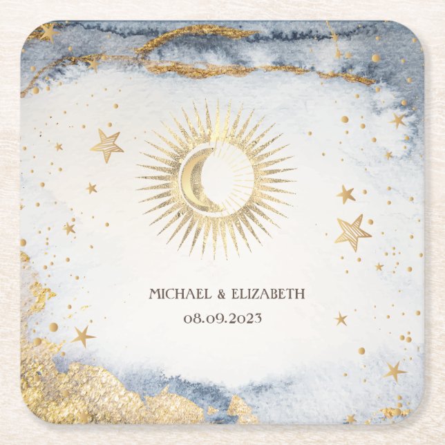 Celestial Sol,Måne,Stars Watercolor Underlägg Papper Kvadrat (Framsidan)