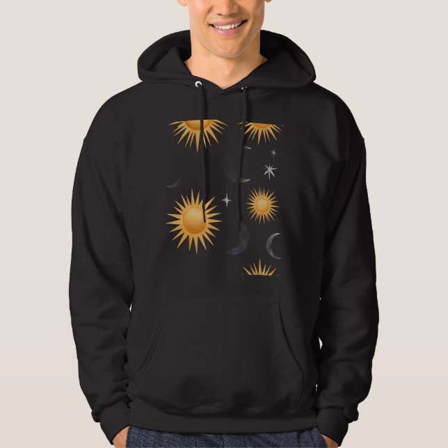 Celestial Sol Måne Stjärnor Guld Boho Tröja Hoodie (Framsida)