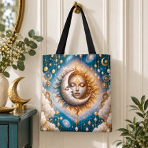 Celestial Sol Måne Stjärnor Teal Guld Fantasy