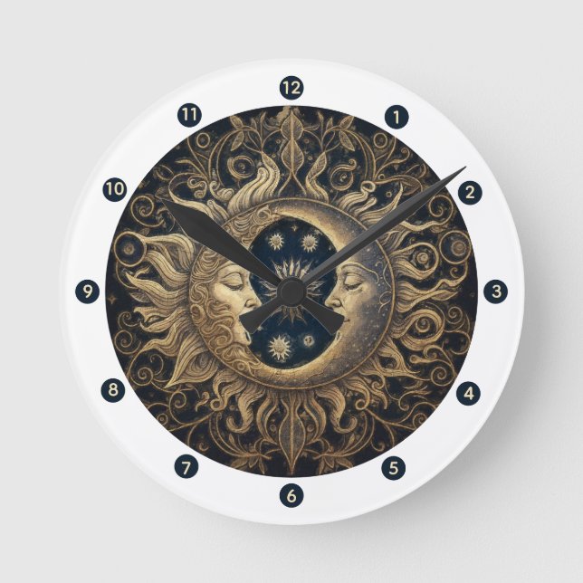 Celestial Sol Måne Wall Clock Rund Klocka (Framsida)