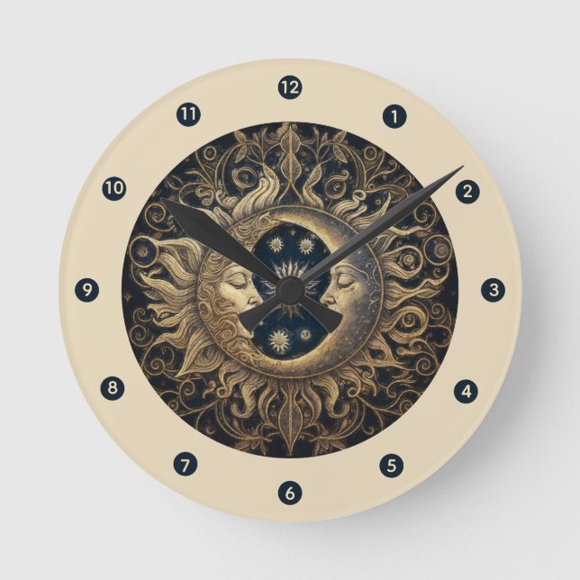Celestial Sol Måne Wall Clock Rund Klocka (Framsida)