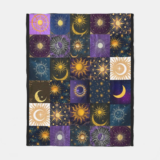Celestial Sol Månefaser Patchwork Boho Mystisk Fleecefilt (Framsidan)