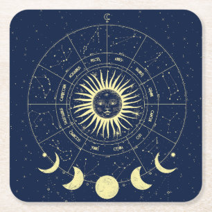 Celestial Sol Månefaser Zodiak Underlägg Papper Kvadrat