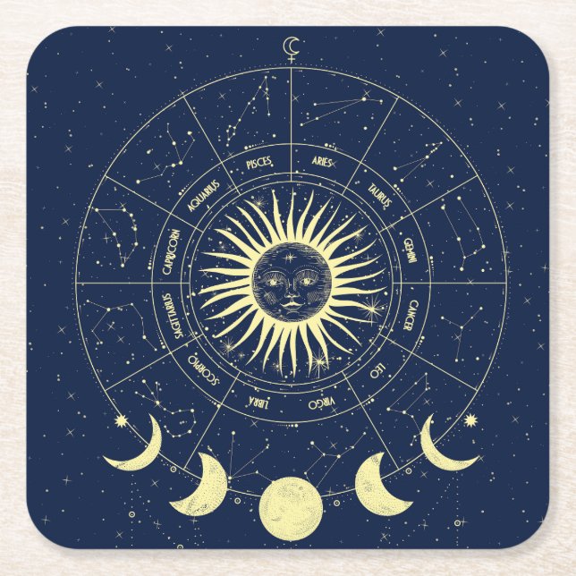 Celestial Sol Månefaser Zodiak Underlägg Papper Kvadrat (Framsidan)