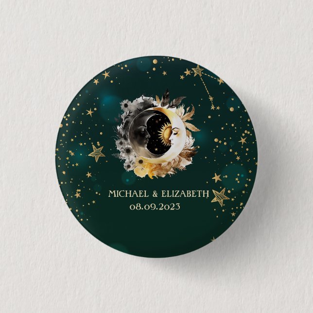 Celestial Sol Och Mån Blommor Stjärnor Grön Knapp (Framsida)