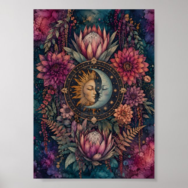 Celestial Sol och Mån Floral Whimsigoth Konst Poster (Framsidan)