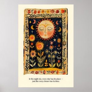 Celestial Sol och Mån Konsttryck Folklig Konst Boh Poster