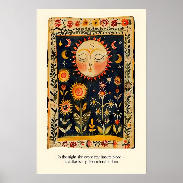Celestial Sol och Mån Konsttryck Folklig Konst Boh Poster (Framsidan)