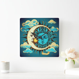 Celestial Sol och Måne Fyrkantig Klocka