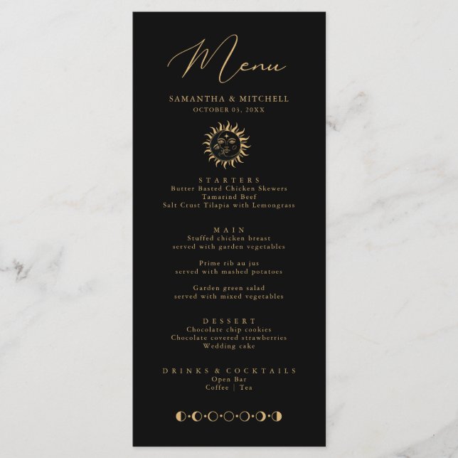Celestial Sol och Måne Menu Black och Guld Meny (Framsida)