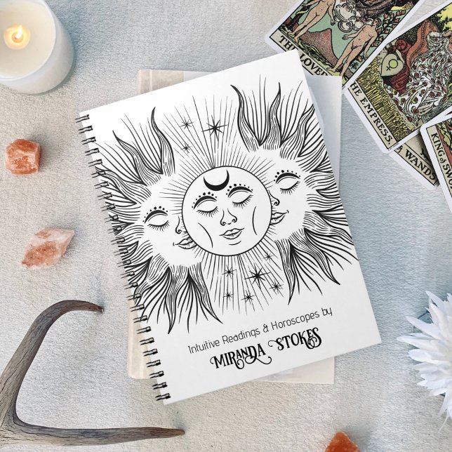 Celestial Spirit Sol & Måne Svart & Vitt Trendigt Anteckningsbok (Celestial Spirit Sun & Moon Black & White Trendy Notebook)