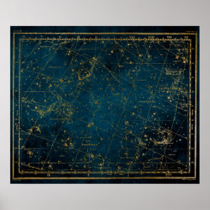 Celestial star karta-konstellationen Blue guld gal Poster