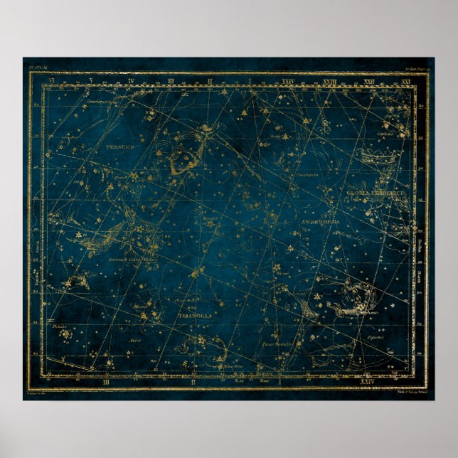 Celestial star karta-konstellationen Blue guld gal Poster (Framsidan)