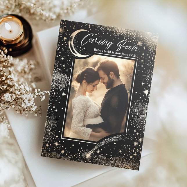 Celestial Starry Natt komma snart Photo Gravid Meddelande (Stars Pregnancy Announcement Photo Card Coming Soon)