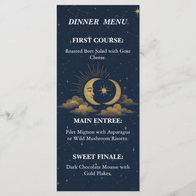 Celestial Starry Night Gold Moon Wedding Menu Meny (Framsida)