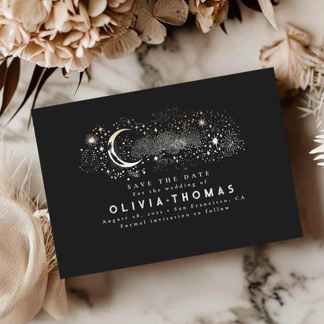 Celestial Starry Night Måne Black Spara datumet (Save the Date Celestial Card)