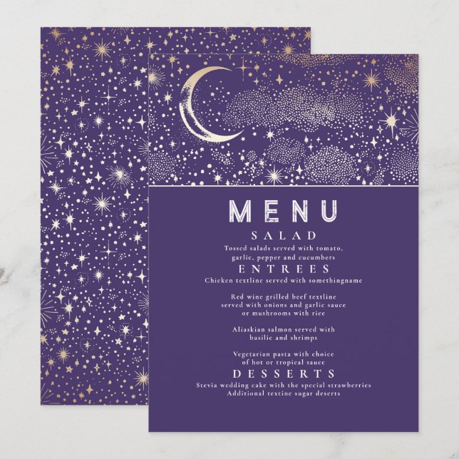 Celestial Starry Night Måne Bröllop Menu Inbjudningar (Fram/baksida)