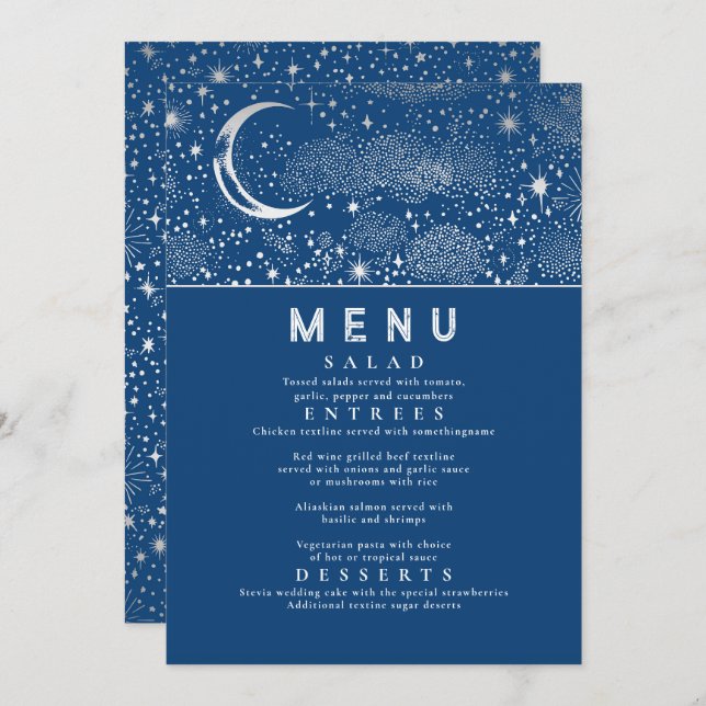 Celestial Starry Night Måne Bröllop Menu Inbjudningar (Fram/baksida)