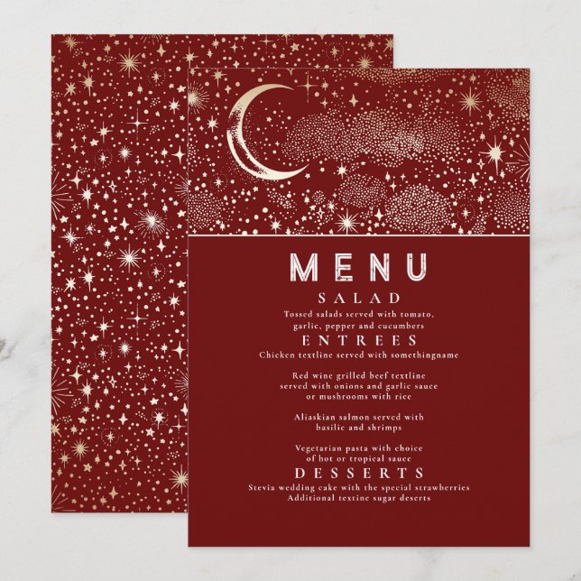 Celestial Starry Night Måne Bröllop Menu Inbjudningar (Fram/baksida)