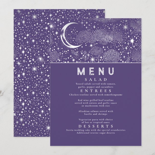 Celestial Starry Night Måne Bröllop Menu Inbjudningar (Fram/baksida)