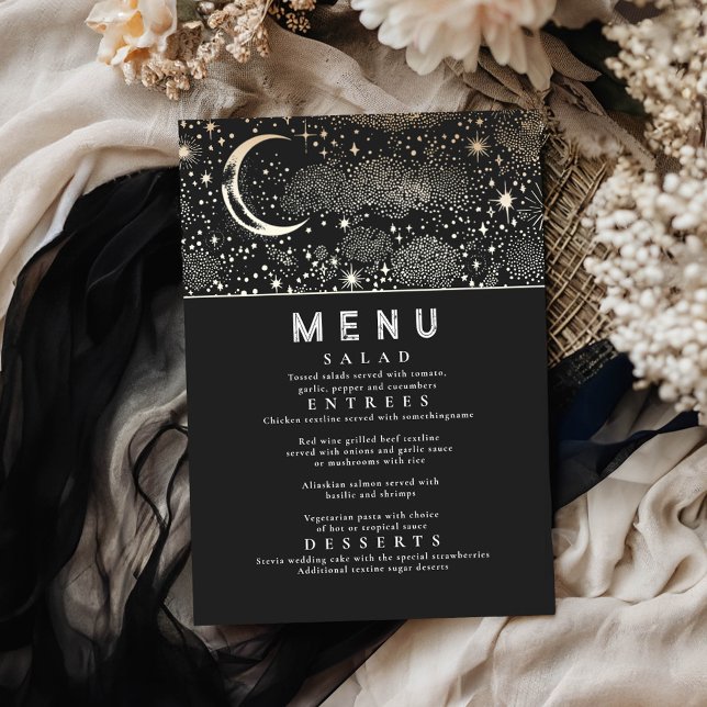 Celestial Starry Night Måne Bröllop Menu Inbjudningar (Celestial Black Menu Cards)