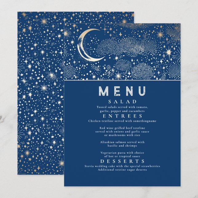 Celestial Starry Night Måne Bröllop Menu Inbjudningar (Fram/baksida)