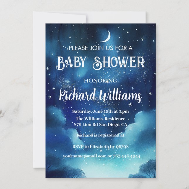 Celestial Starry Night Watercolor Baby Shower Inbjudningar (Framsida)