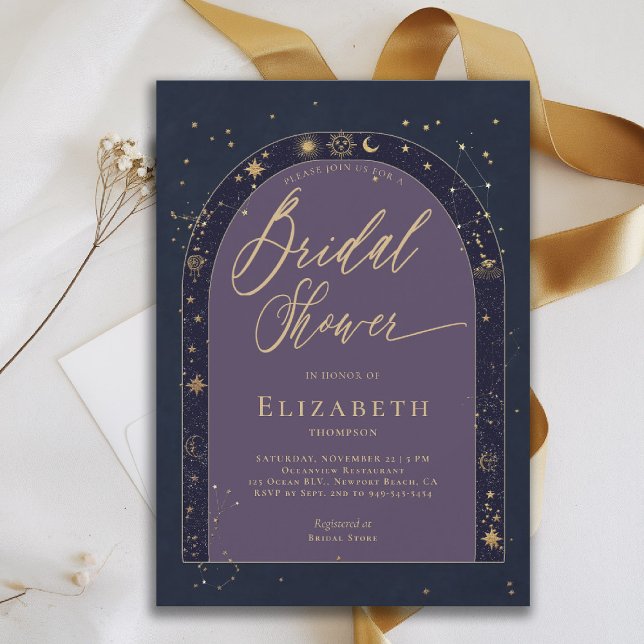 Celestial Starry Night Zodiac Planet Möhippa Inbjudningar (celestial bridal shower invitation zodiac signs astrology map universe bespoke navy blue purple)