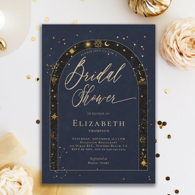 Celestial Starry Zodiac Stars Moon Bridal Shower Inbjudningar (celestial bridal shower invitation zodiac signs astrology oracle universe mystical navy blue)