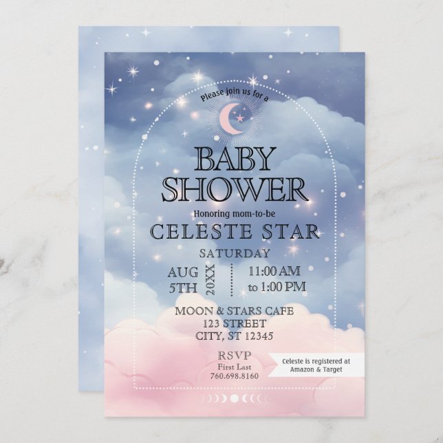 Celestial Stars Baby Shower-inbjudan Inbjudningar (Fram/baksida)