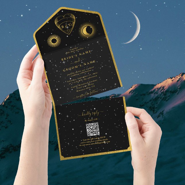 Celestial Stars Crescent Måne Black Guld Bröllop (Celestial Stars Crescent Moon Black Gold Wedding All In One Invitation)