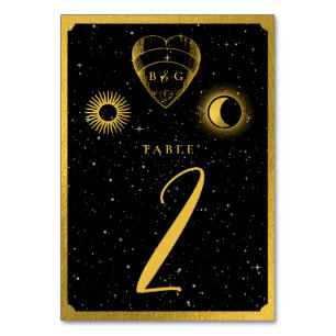 Celestial Stars Crescent Måne Black Guld Bröllop Bordsnummer