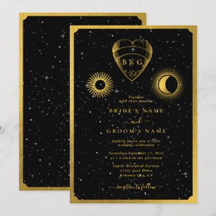 Celestial Stars Crescent Måne Black Guld Bröllop Inbjudningar